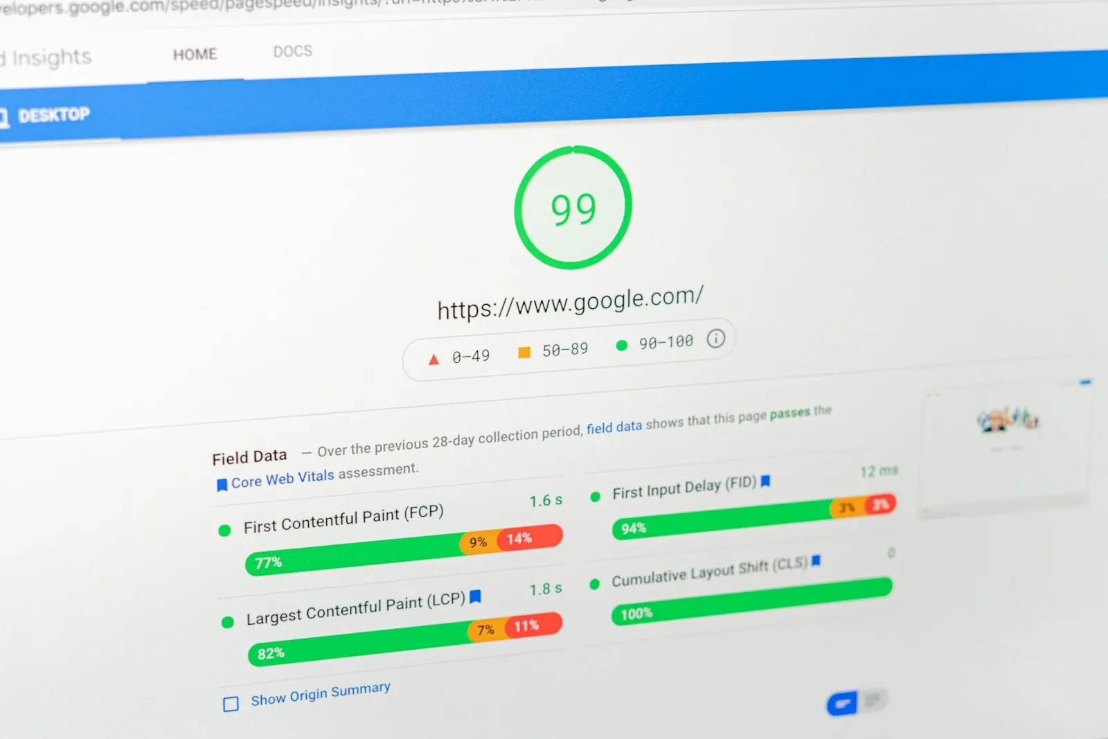 a computer screen with the number 99 on it A laptop screen showing Google Pagespeed Insights. Does AI search optimization require tracking citations or clicks?