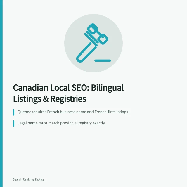 Canadian local SEO card: bilingual listings, provincial registries, Quebec French rules. Canadian local SEO: managing bilingual listings and provincial citations
