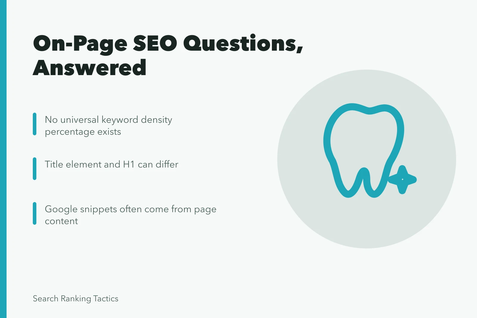 Card summarizing on-page SEO answers on keywords, titles, and snippets. On-page SEO questions business teams ask and what has no universal answer