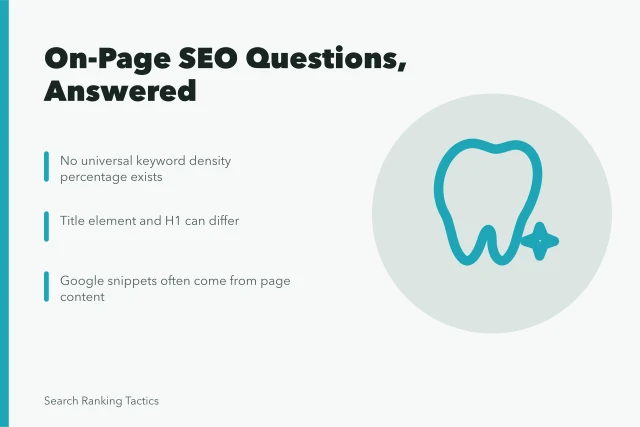 Card summarizing on-page SEO answers on keywords, titles, and snippets. On-page SEO questions business teams ask and what has no universal answer