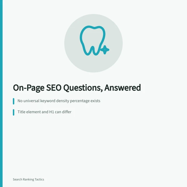 Card summarizing on-page SEO answers on keywords, titles, and snippets. On-page SEO questions business teams ask and what has no universal answer