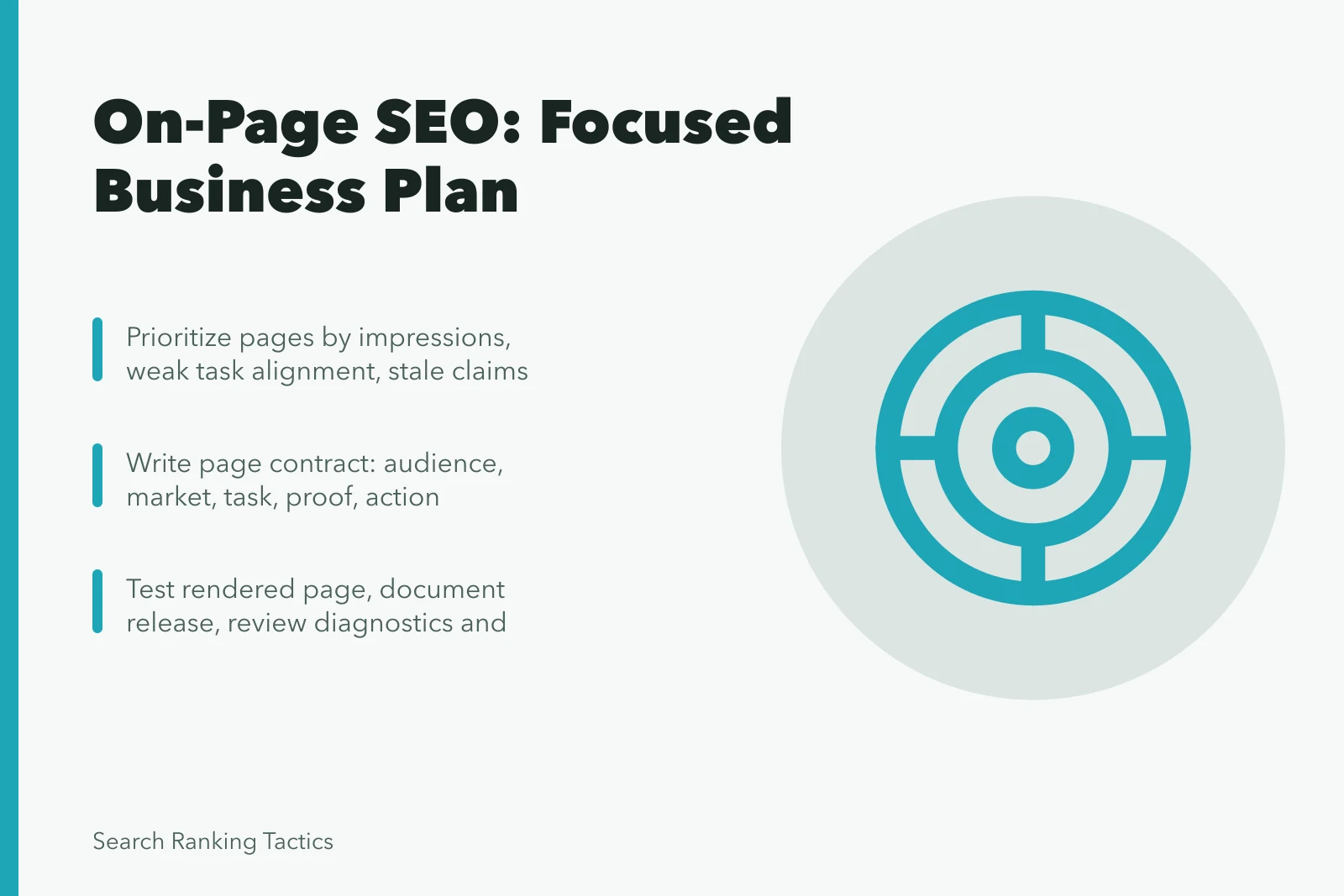Card summarizing on-page SEO page selection, page contracts, and release testing. How to Improve On-Page SEO: A Practical Workflow