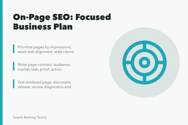 Card summarizing on-page SEO page selection, page contracts, and release testing. How to Improve On-Page SEO: A Practical Workflow