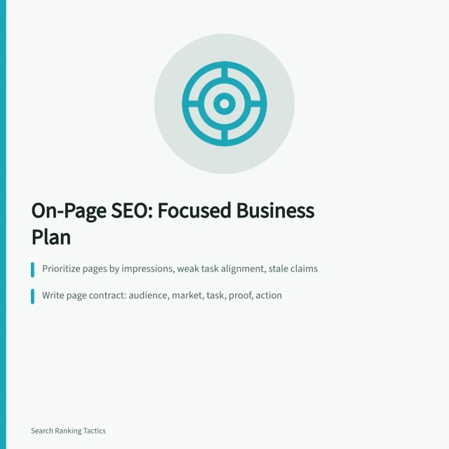 Card summarizing on-page SEO page selection, page contracts, and release testing. How to Improve On-Page SEO: A Practical Workflow