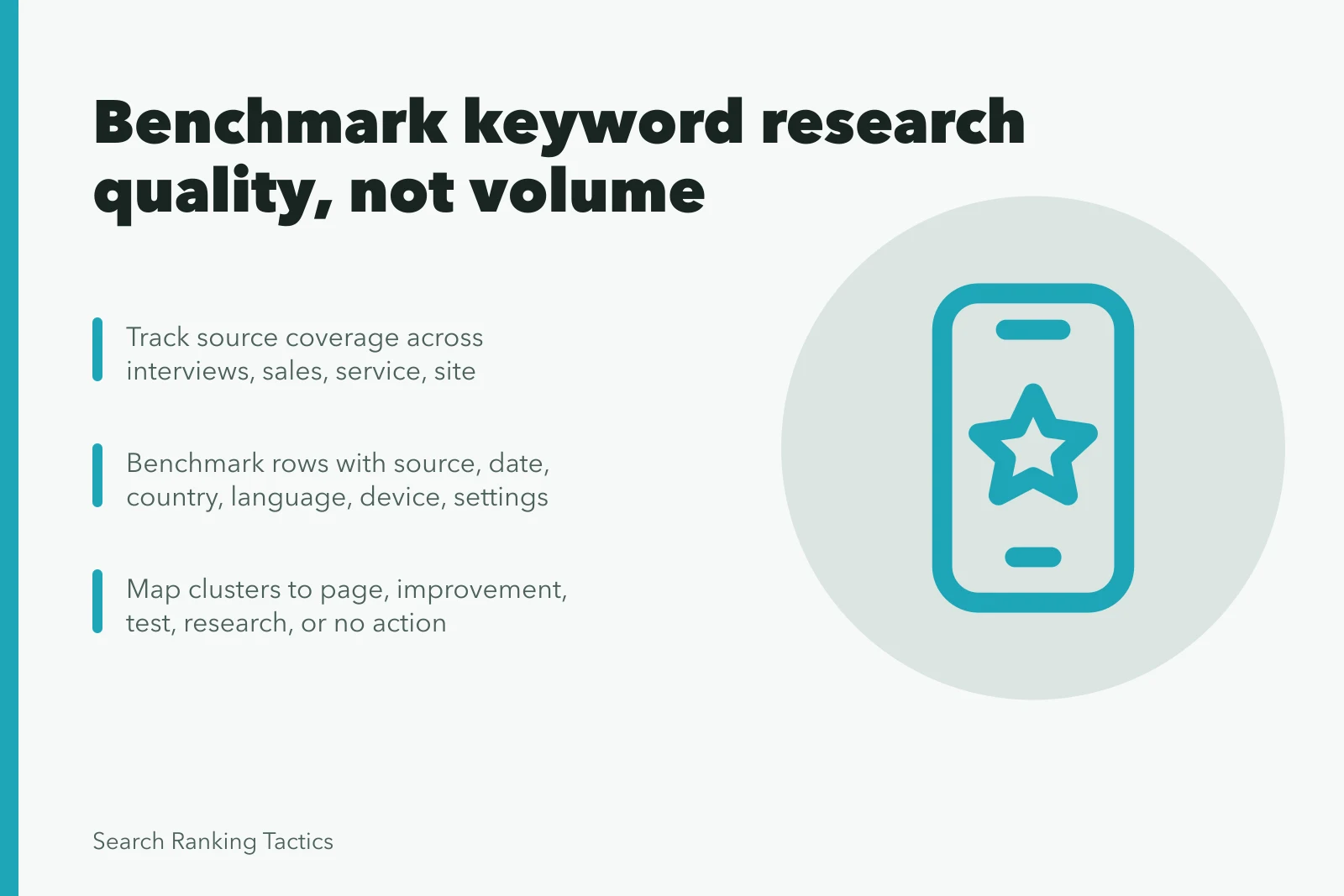Keyword research benchmark card showing coverage, method completeness, and page-map criteria. Scoring a keyword research benchmark: coverage, clusters, and demand