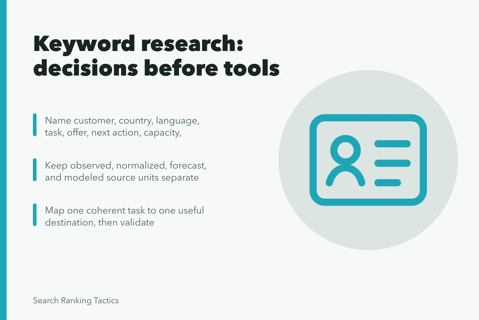 Card on keyword research decisions, source units, and task mapping. Solid keyword research follows a practical guide, not a single tool