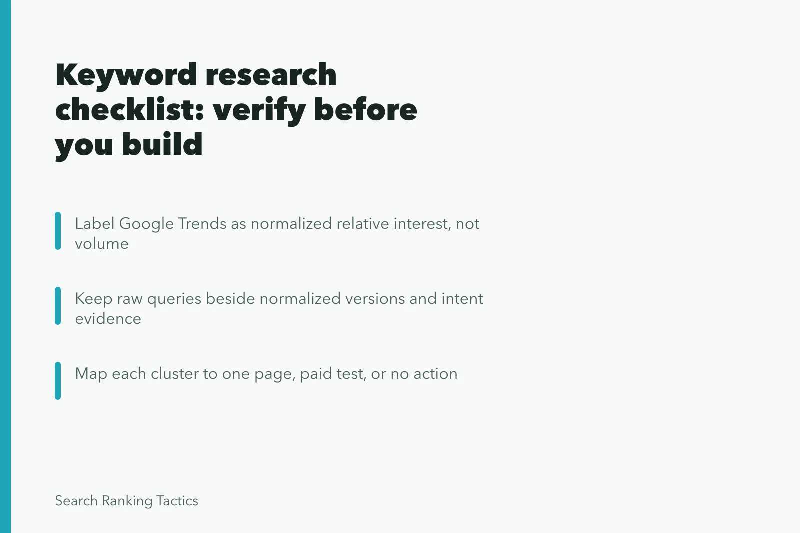 Keyword research checklist card with verification steps and page mapping criteria. Keyword research checklist: what the experienced already know in 2027