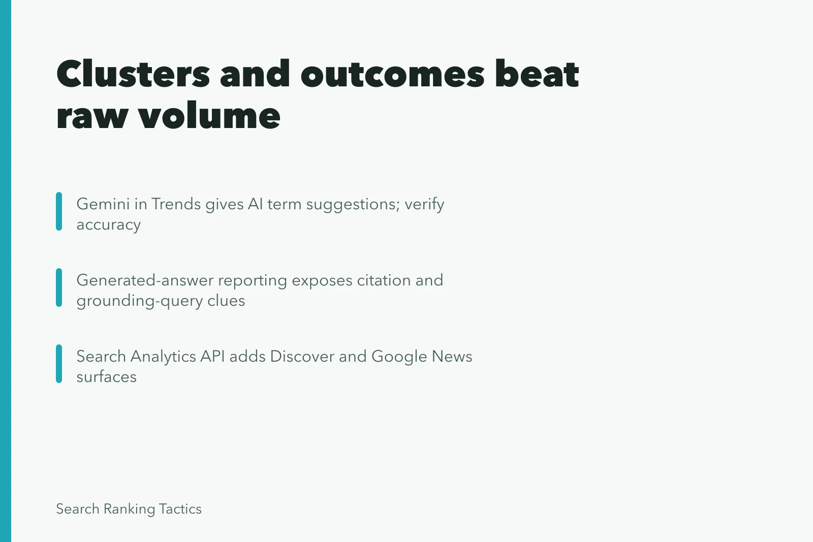 Card on keyword research trends: AI exploration, first-party language, more search surfaces. Keyword research trends: clustering and outcomes replace raw volume counts