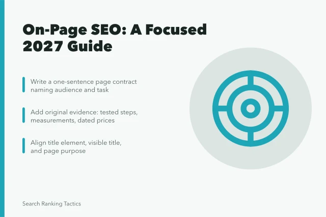 On-page SEO guide card with page contract, evidence, and title alignment steps. On-page SEO: a focused business guide for 2027