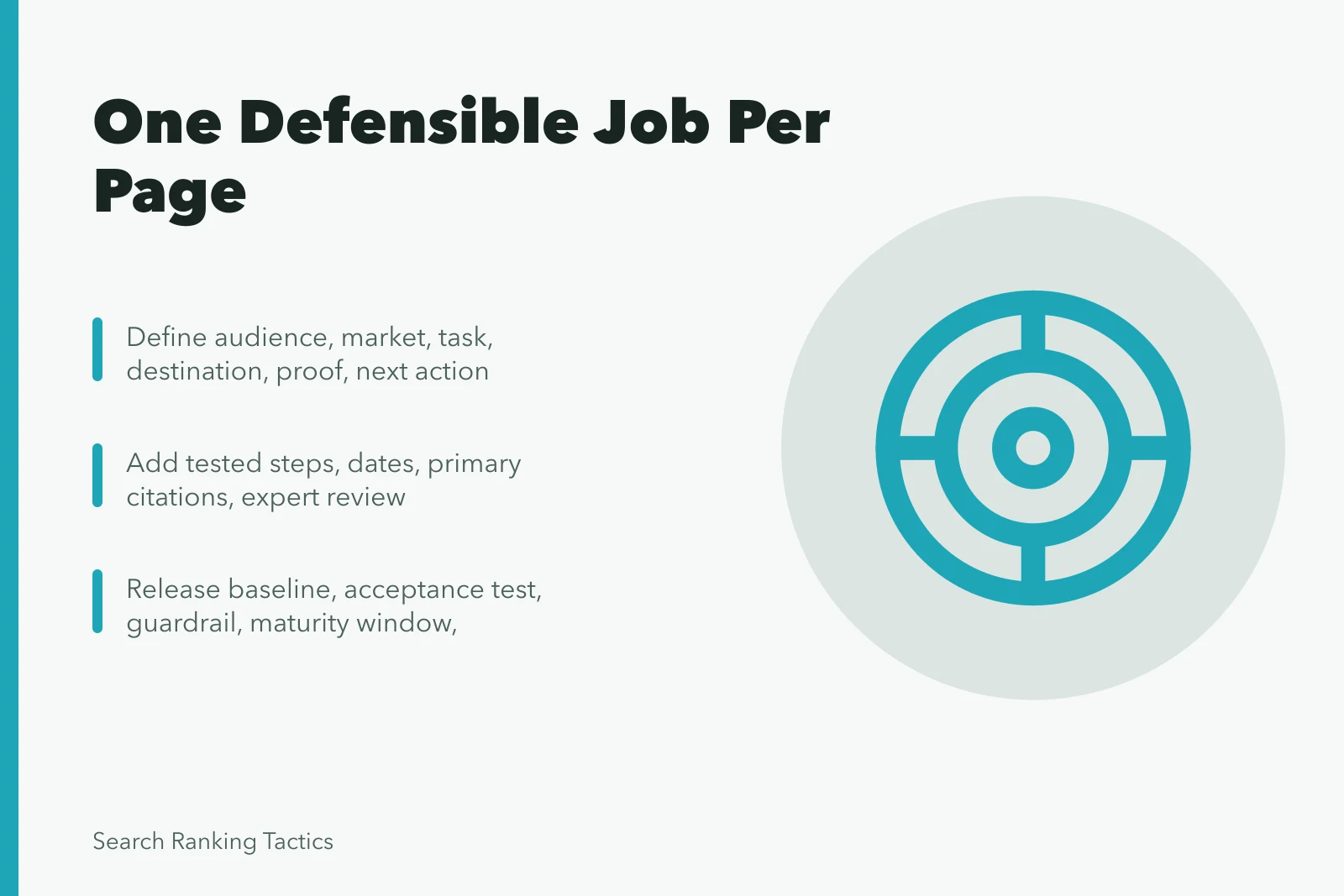 Card summarizing on-page SEO best practices: one job per page, original evidence, measurable release. One defensible job per page: the core of on-page SEO best practice