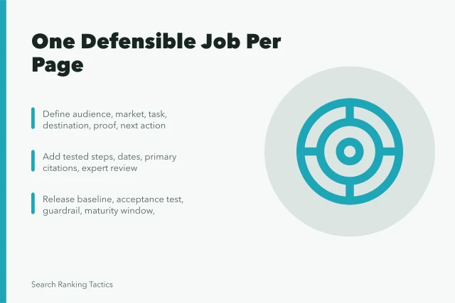 Card summarizing on-page SEO best practices: one job per page, original evidence, measurable release. One defensible job per page: the core of on-page SEO best practice