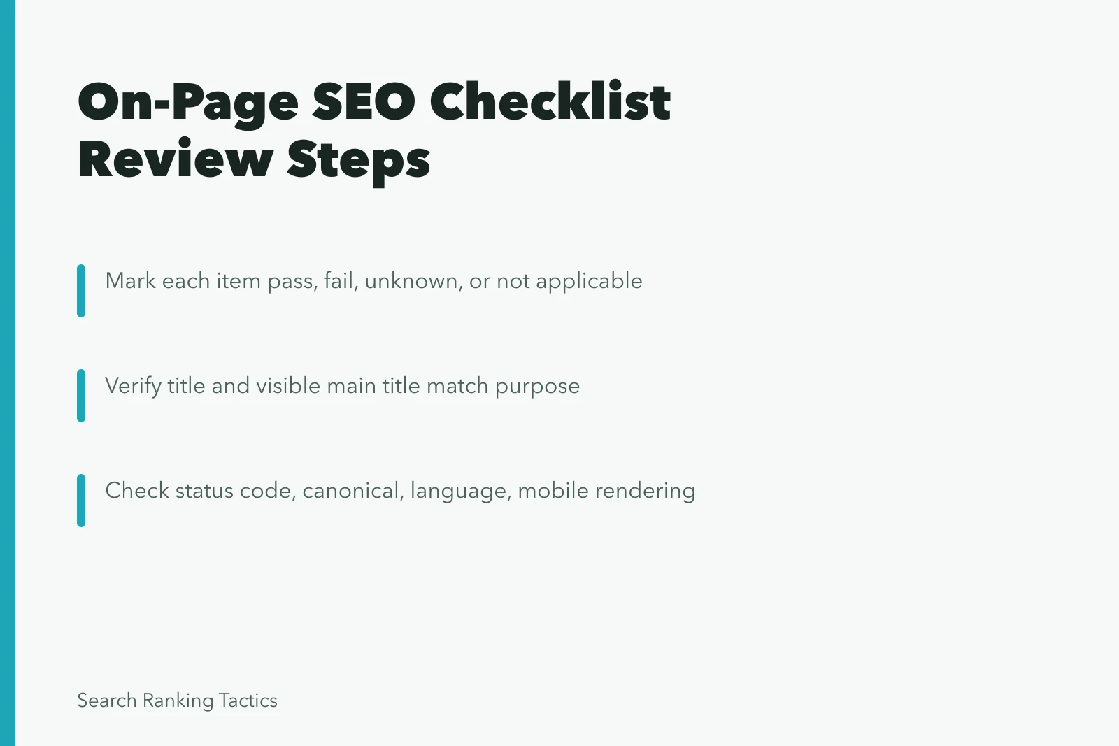 On-page SEO checklist with pass, fail, unknown, and not applicable marks. Working through the on-page SEO checklist in order
