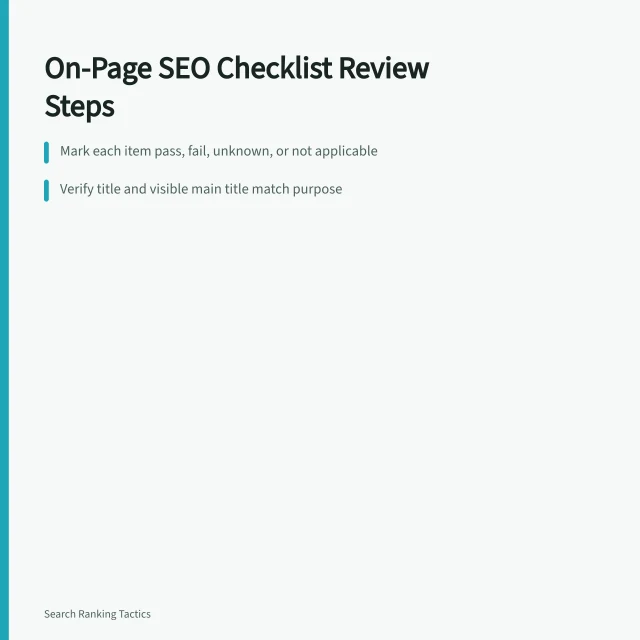 On-page SEO checklist with pass, fail, unknown, and not applicable marks. Working through the on-page SEO checklist in order