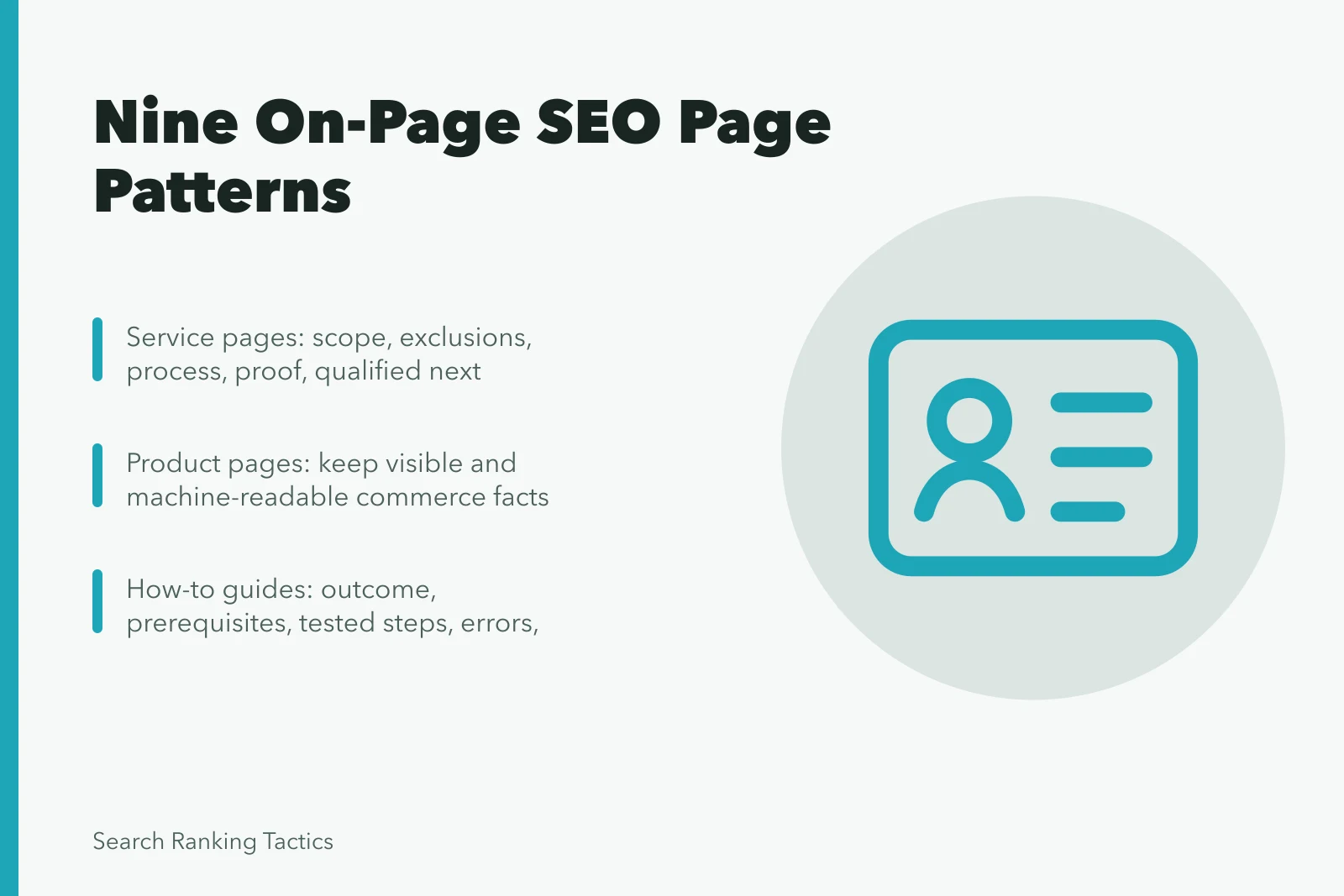 Card listing nine on-page SEO page patterns and their evidence needs. On-page SEO examples with practical lessons for teams