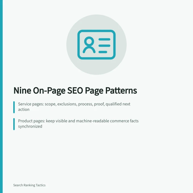 Card listing nine on-page SEO page patterns and their evidence needs. On-page SEO examples with practical lessons for teams