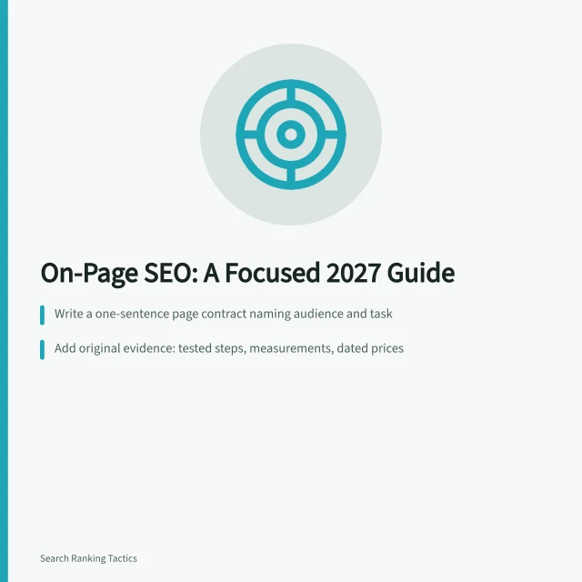 On-page SEO guide card with page contract, evidence, and title alignment steps. On-page SEO: a focused business guide for 2027