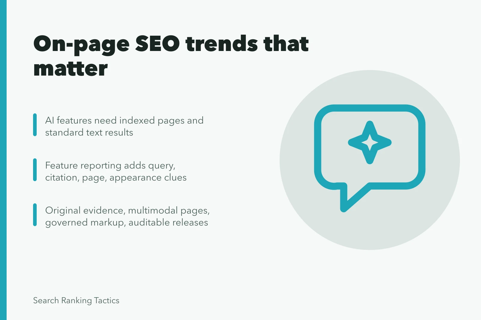Card summarizing on-page SEO trends: indexed AI, measurable visibility, original evidence, multimodal pages. On-page SEO trends: the shifts that matter