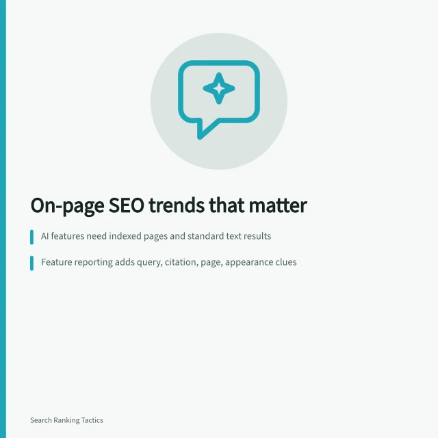 Card summarizing on-page SEO trends: indexed AI, measurable visibility, original evidence, multimodal pages. On-page SEO trends: the shifts that matter