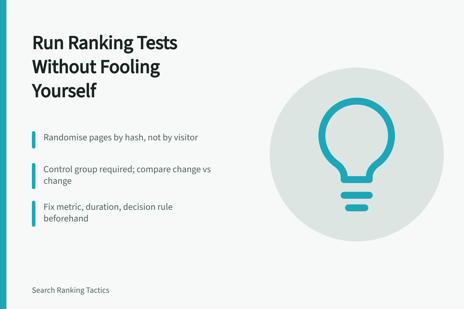 Card outlining controlled ranking signal test design steps. A working review of ranking signals research