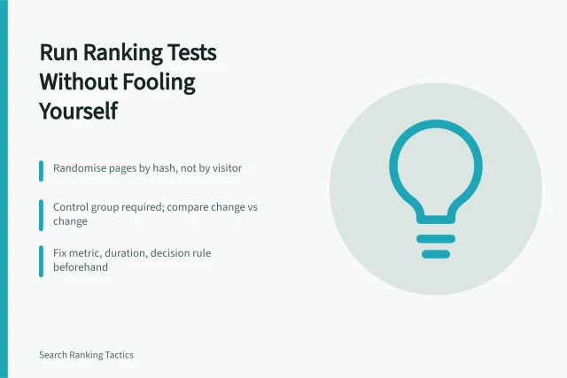 Card outlining controlled ranking signal test design steps. A working review of ranking signals research