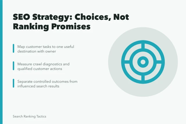 Card summarizing SEO strategy choices, customer tasks, crawl diagnostics, and qualified actions. The honest guide to SEO strategy, 2027 edition