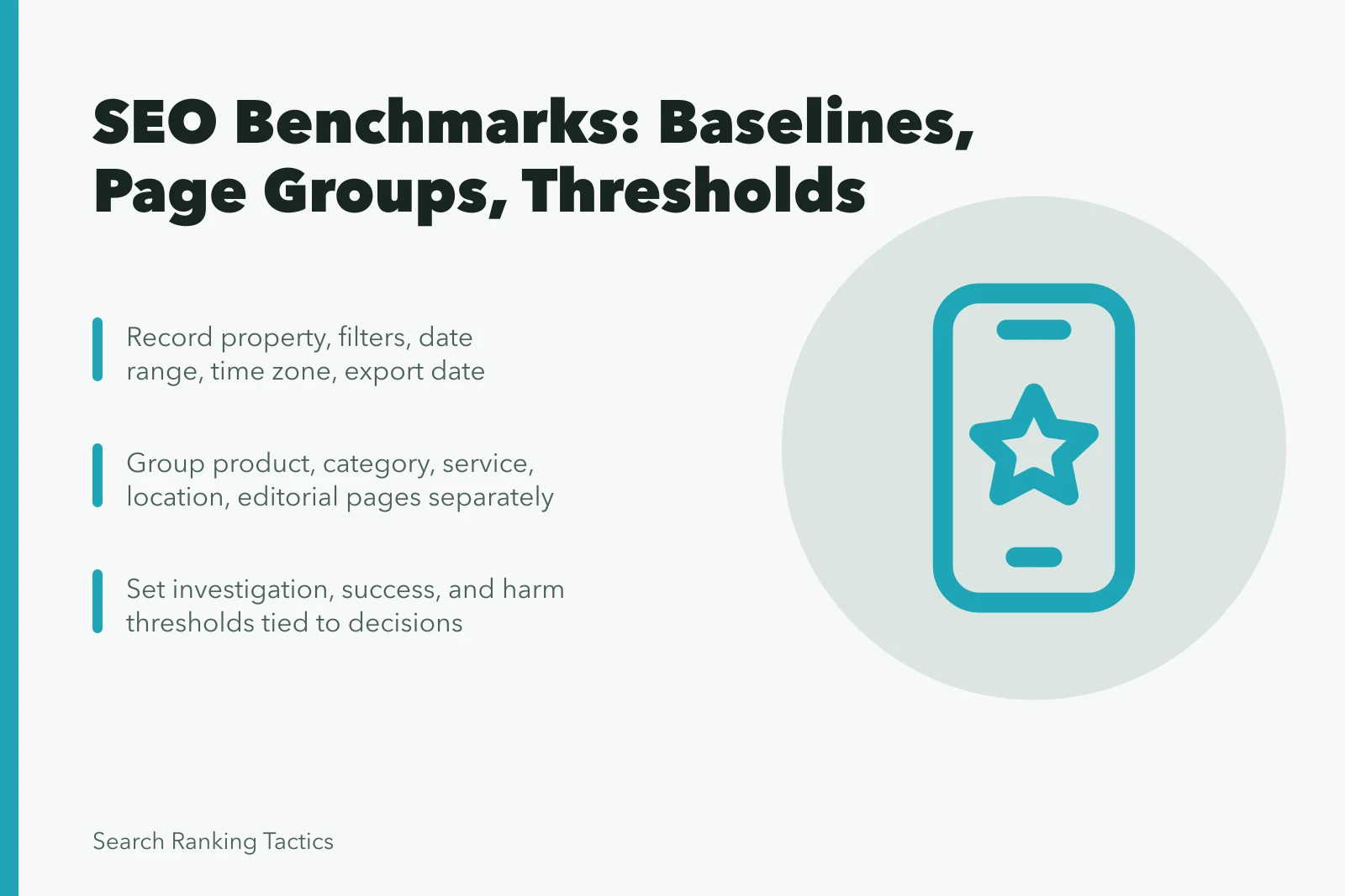 SEO benchmark card showing baseline, page groups, and decision thresholds. Setting SEO strategy benchmarks: baselines, page groups, and thresholds