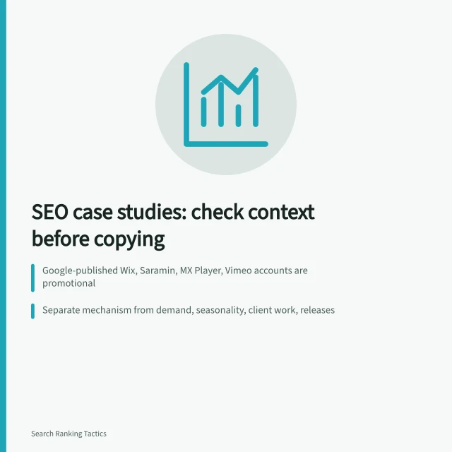 SEO case study analysis card with context checks and bounded test steps. Wix, Saramin, and Vimeo: what their SEO strategy changes actually proved