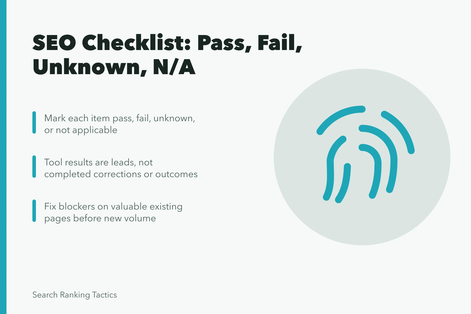 SEO strategy checklist with pass, fail, unknown, and not applicable marks. Confirming SEO strategy readiness: a checklist from audience to governance