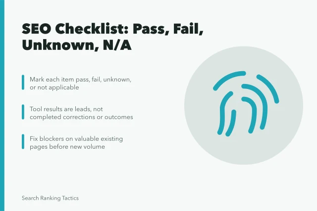 SEO strategy checklist with pass, fail, unknown, and not applicable marks. Confirming SEO strategy readiness: a checklist from audience to governance