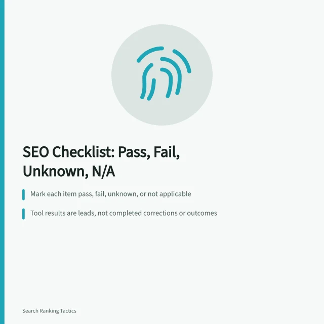 SEO strategy checklist with pass, fail, unknown, and not applicable marks. Confirming SEO strategy readiness: a checklist from audience to governance