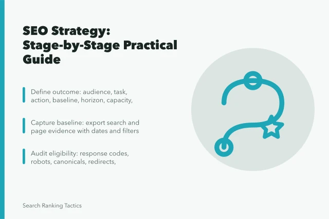 Card: SEO strategy stages from outcome to technical audit. Building an SEO strategy stage by stage follows this practical guide