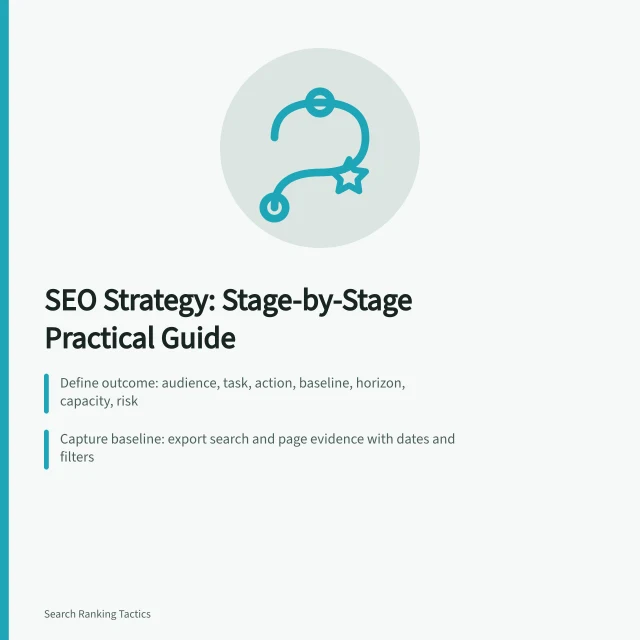 Card: SEO strategy stages from outcome to technical audit. Building an SEO strategy stage by stage follows this practical guide
