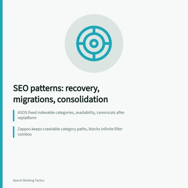 Card summarizing SEO strategy patterns from ecommerce recovery to migrations. SEO strategy patterns worth adapting, from ecommerce recovery to migrations