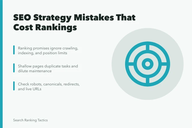 Card listing SEO strategy mistakes: ranking promises, shallow pages, technical eligibility checks. Strategy mistakes in SEO: promising rankings still costs the most