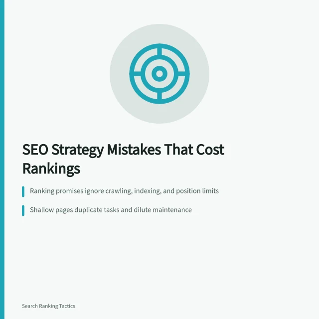 Card listing SEO strategy mistakes: ranking promises, shallow pages, technical eligibility checks. Strategy mistakes in SEO: promising rankings still costs the most