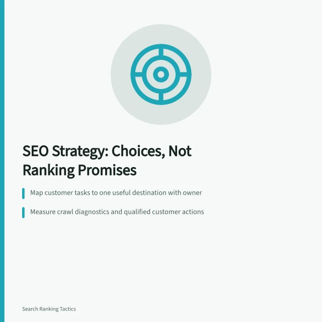 Card summarizing SEO strategy choices, customer tasks, crawl diagnostics, and qualified actions. The honest guide to SEO strategy, 2027 edition