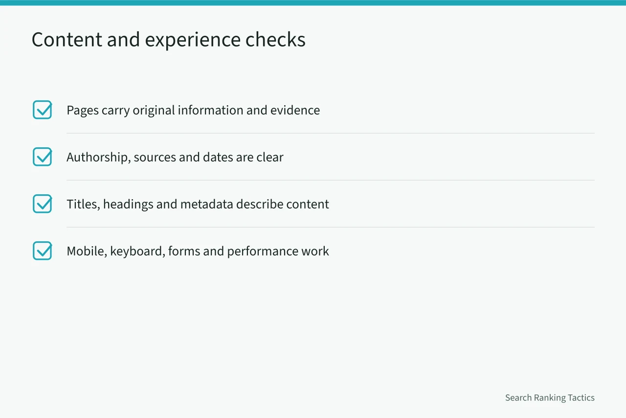 Checklist of four content and experience readiness items (Confirming SEO strategy readiness: a checklist from audience to governance)